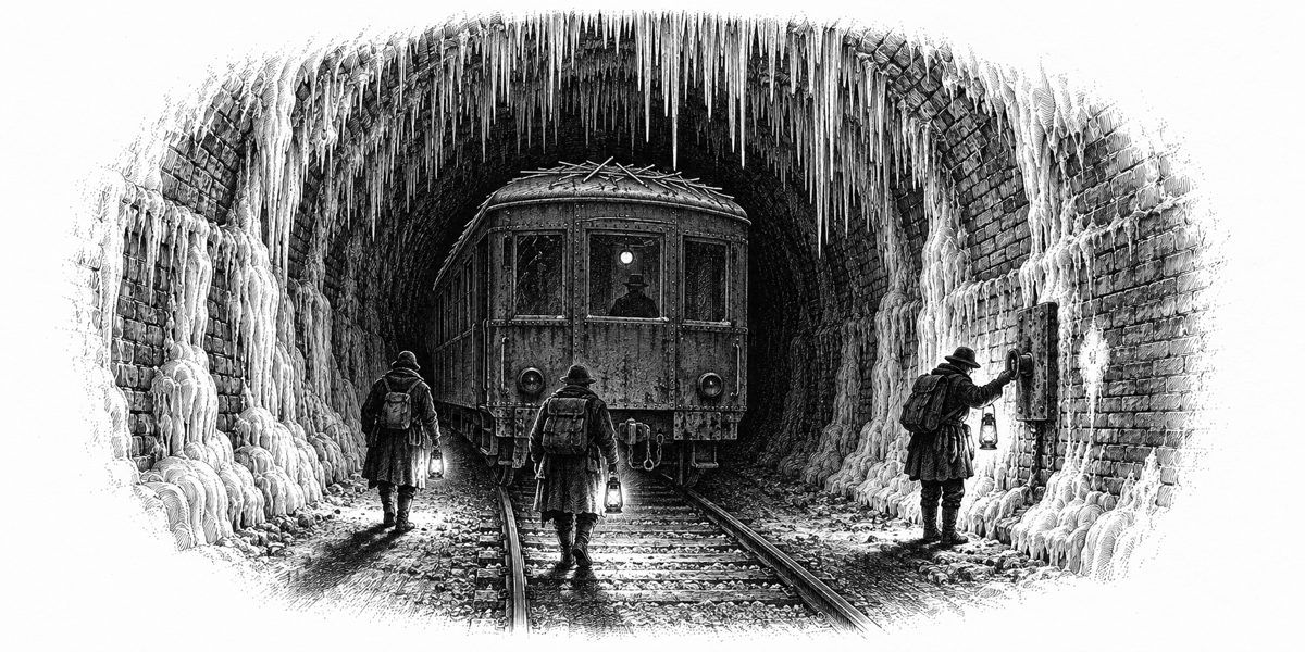 Low view deep underground in a narrow old brick-lined railway bore, looking toward the front of a single old green railcar creeping toward the viewer at a walk: the arched vault overhead hung with thousands of thin white straws, some as lon
