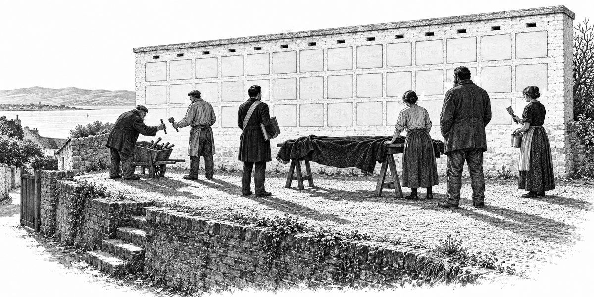 The whitewashed face of a brick tomb standing on a raised plot of packed shell and clay: three shelves high and fourteen long, a grid of small sealing bricks each with a painted name; in front of it a long board on two trestles covered by a