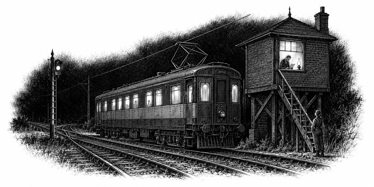 Night view along a railway line toward a brick signal box raised high on stilts beside the track, a steep set of stairs climbing to a single lit window; in the window a tired man holding a paper in the lamplight, looking down; at the foot o