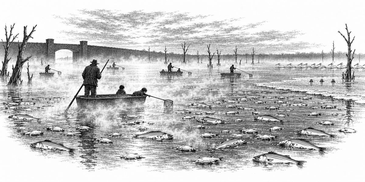 Wide low view over gray water: white steam lying knee-high on the surface, a flat-bottomed boat gliding through it so that only a man poling and the heads of two children show, one child leaning over with a net; hundreds of silver fish floa