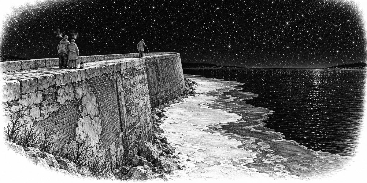 View along the wall walk at night: the old brick-and-stone wall bending away, two small bundled figures standing close at its edge seen from behind, an unlit lamp at their feet, an old man far along the crest walking away with a long pole; 