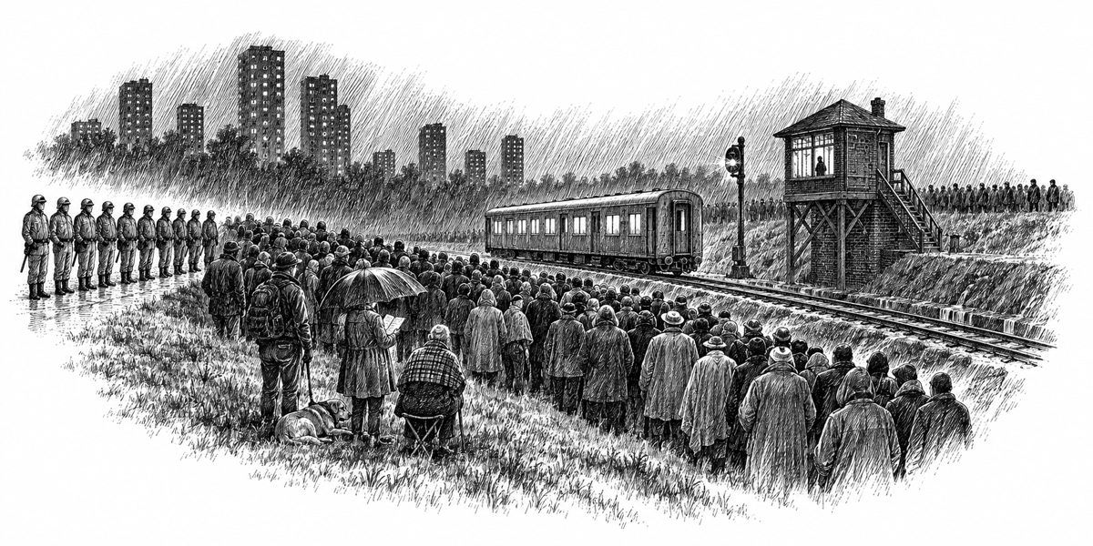 Night view across the stopped car's embankment: in the foreground the silent crowd of hundreds standing close together on the wet grass slope above the track, backs and shoulders in the rain, one umbrella held over a notebook wrapped in a b