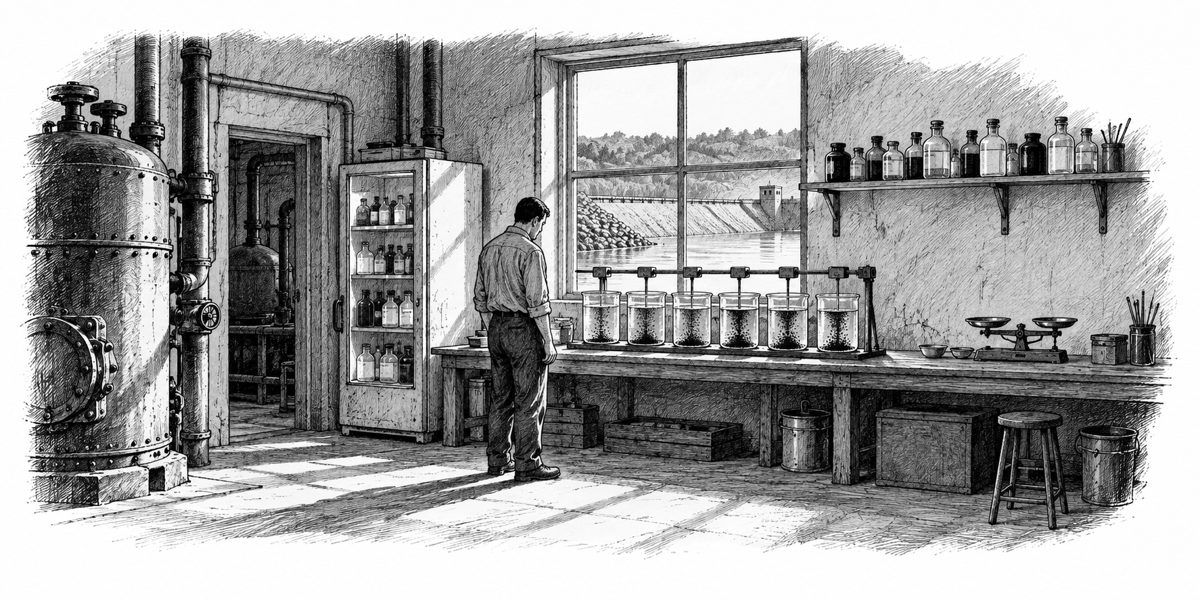 Interior of a plain laboratory seen along its bench in low gold light: on a long bench under a window, six identical glass jars stand in a row on a stirring bench with a small paddle shaft above each; the water in each jar is still, and fin