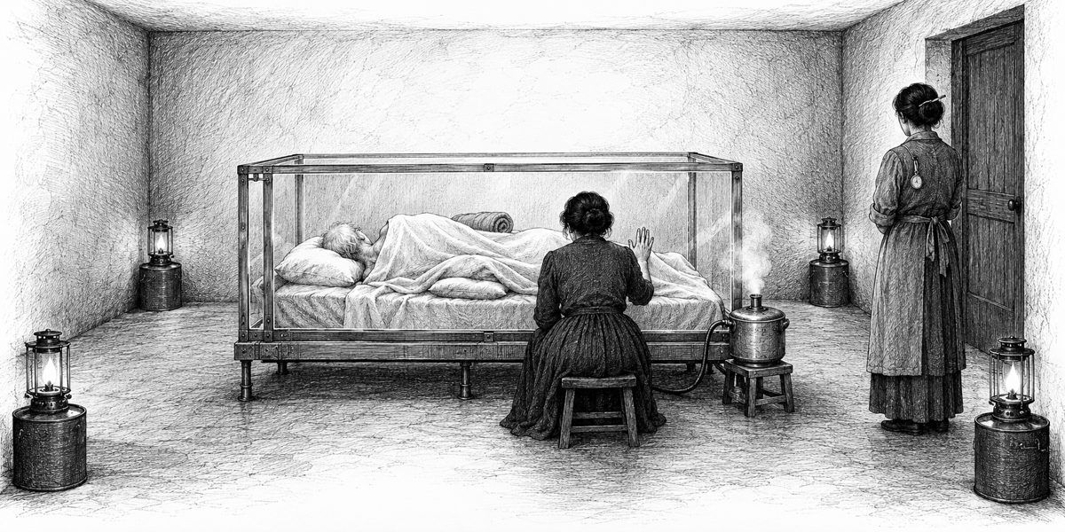 Interior of the room: a long clear-walled enclosure in the middle, a faint mist from a humidifier beside it, a very thin white-haired man lying inside on his side under a sheet with his face turned away, a woman seated on a low stool beside