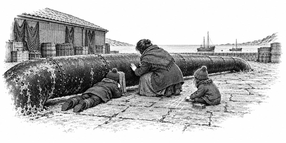 Low side view of the old riveted iron main rising from the ground and running across the stones: a child lying alongside it with an ear on a folded scarf laid against the iron, a second child sitting cross-legged beside it with a chalk tin 