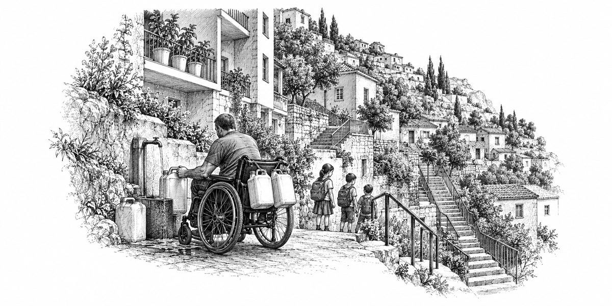 Ground-level view on a steep hillside terrace in the early morning: a man in a wheelchair that he pushes himself, seen from the side and behind, sits at a public tap on the terrace path and holds a jerrycan under the running water; empty je