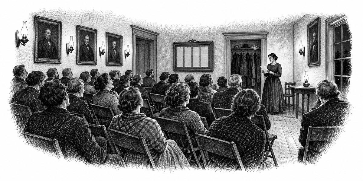 Interior of a small plain assembly chamber at night, seen from beside the side wall: about forty people on rows of folding chairs facing the front, where a woman stands alone with a page in her hand, reading; framed portraits of old delegat