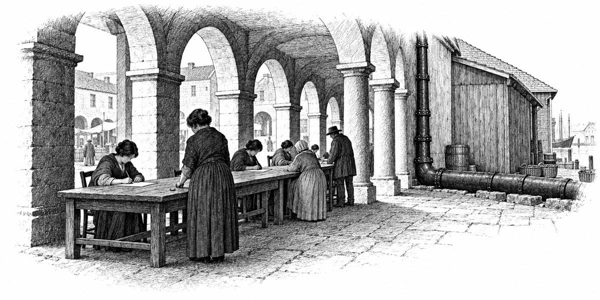 Under a worn arcade beside a fish shed, a long table of old oak; at its near end a woman bent over a sheet of paper, writing; across from her another woman setting one small coin on the wood; farther along the table a few other writers bent