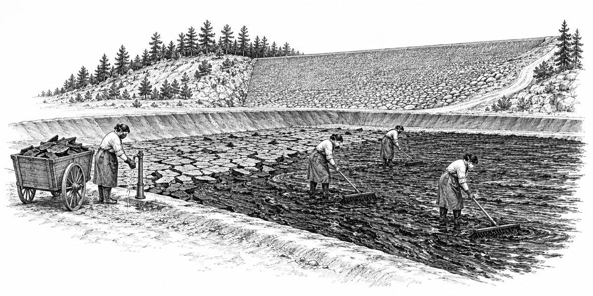 Wide view over a shallow clay-lined basin at the foot of an earth-and-stone dam: half the basin is spread with fresh black sludge, thick as wet ash stirred into porridge, raked to a hand's depth and glistening; the other half has dried and 