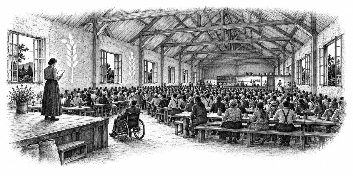 Interior of a long old grain-store hall on a mild evening, seen from the side of the low stage looking out over the benches: a woman stands on the low stage reading from a page; at the foot of the stage, at the front, a man in his chair, wi