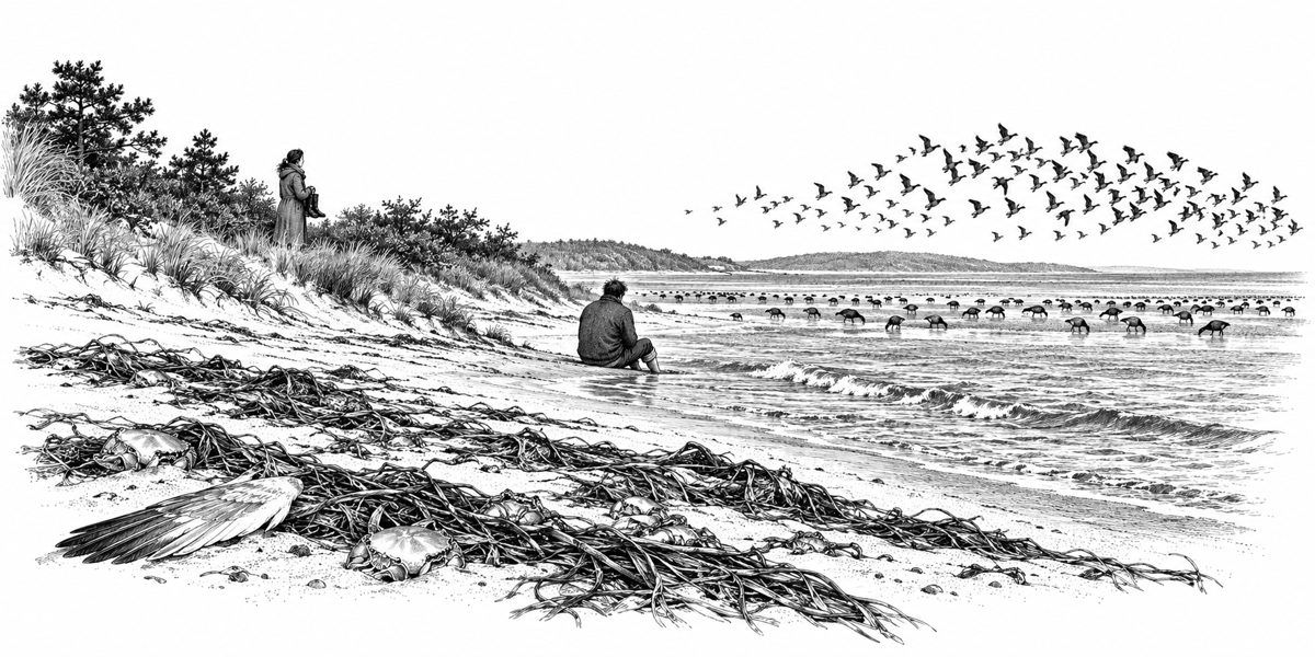 Wide, low view along a cold autumn beach: in the foreground the wrack line of torn eelgrass and the empty molts of summer, and a gull's wing on the sand; a man sitting small on the sand at the water's edge with his trousers rolled and both 