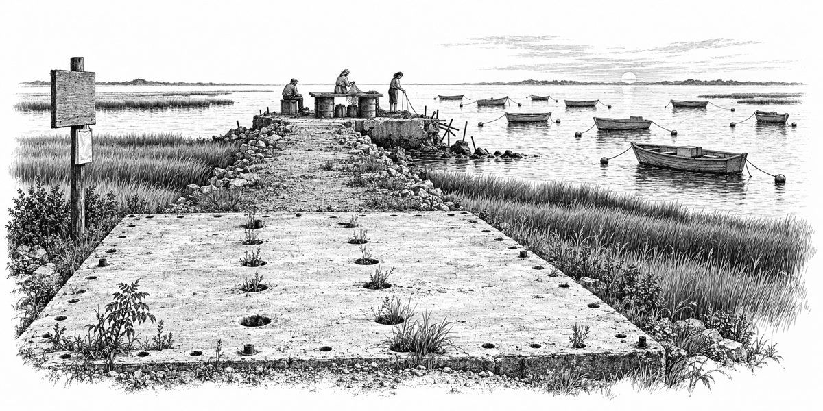 Evening view from the landward end of the raised road, the pad in the foreground: an empty rectangle of concrete with a ring of bolt holes round its edge and two rows of larger holes down the middle, weeds and a small sumac seedling in the 