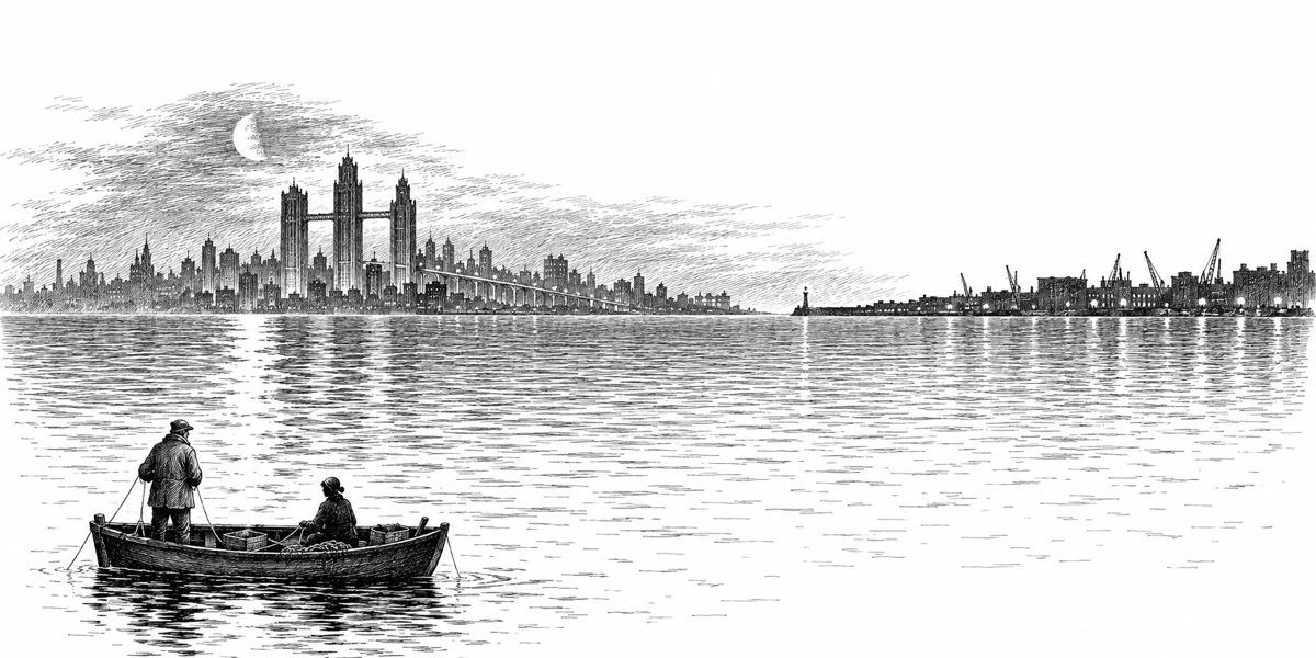 Wide low view over a calm dark harbor at night: in the lower left a small open boat stopped over the wreck, a short old man in a patched oilskin standing braced in its stern with a hand line in his hands, turned to look across the water, an