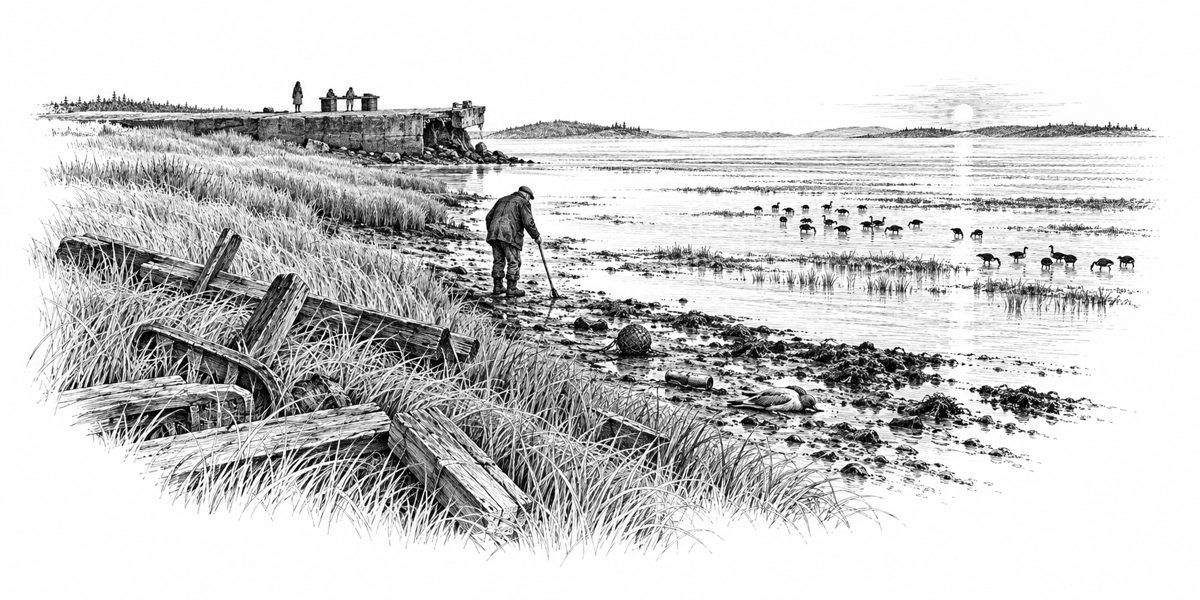 Low view along a marsh edge in low morning sun: in the foreground rope-colored cordgrass lying over weathered old boards and beams, some with grass grown through them, above the tide line; below it a strip of wet mud with a bottle, a net fl