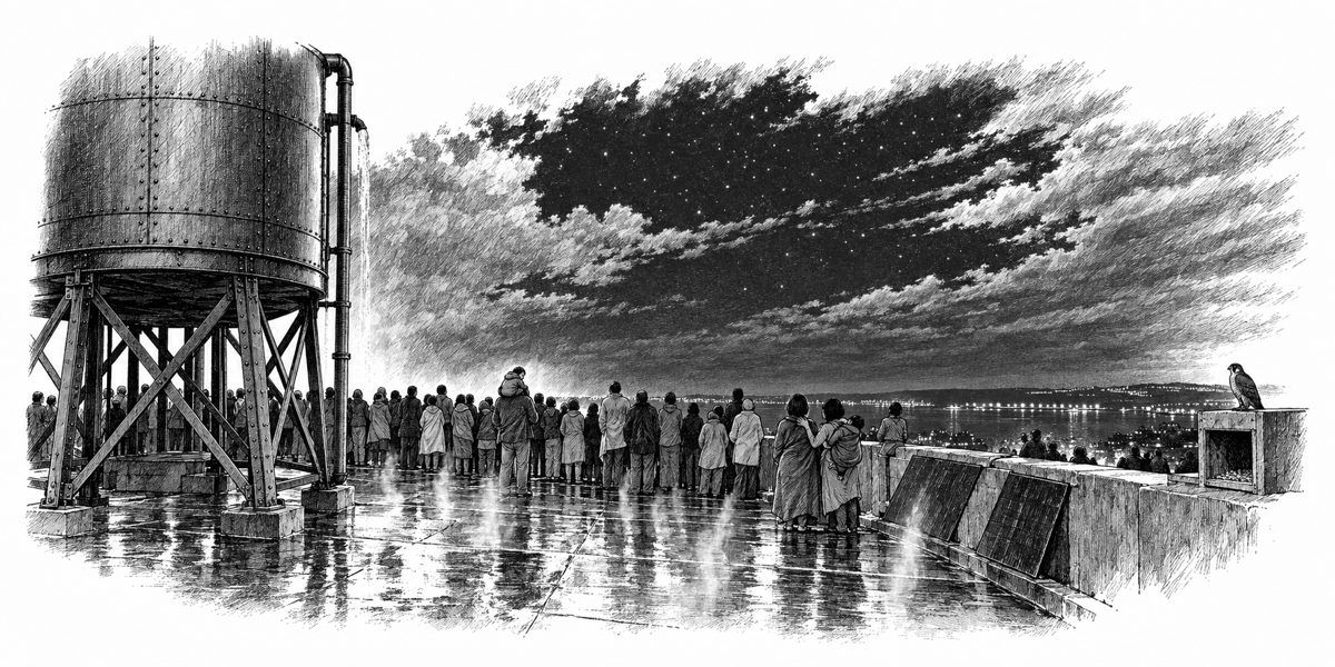 Night view across a flat wet concrete roof just after rain, seen from beside the big riveted steel water tank: about sixty people stand along and near the northwest parapet with their backs to us and their faces turned up to the clearing sk