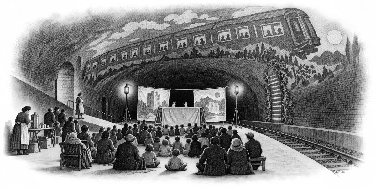 Low view from behind the audience along a long vaulted platform: about a hundred people sit in rows on the concrete, children at the front, facing a blanket hung over two trestles at the south end in front of the closed tunnel mouth; on a c
