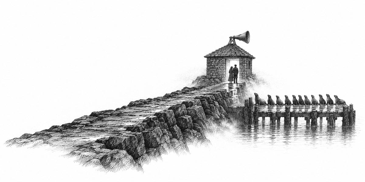 Low night view along a breakwater in thick harbor fog: at the end a squat stone hut the size of a kitchen with a horn on its roof and one lit doorway, the glow of a lamp the only color; a man and a woman stand close together at the door, sm