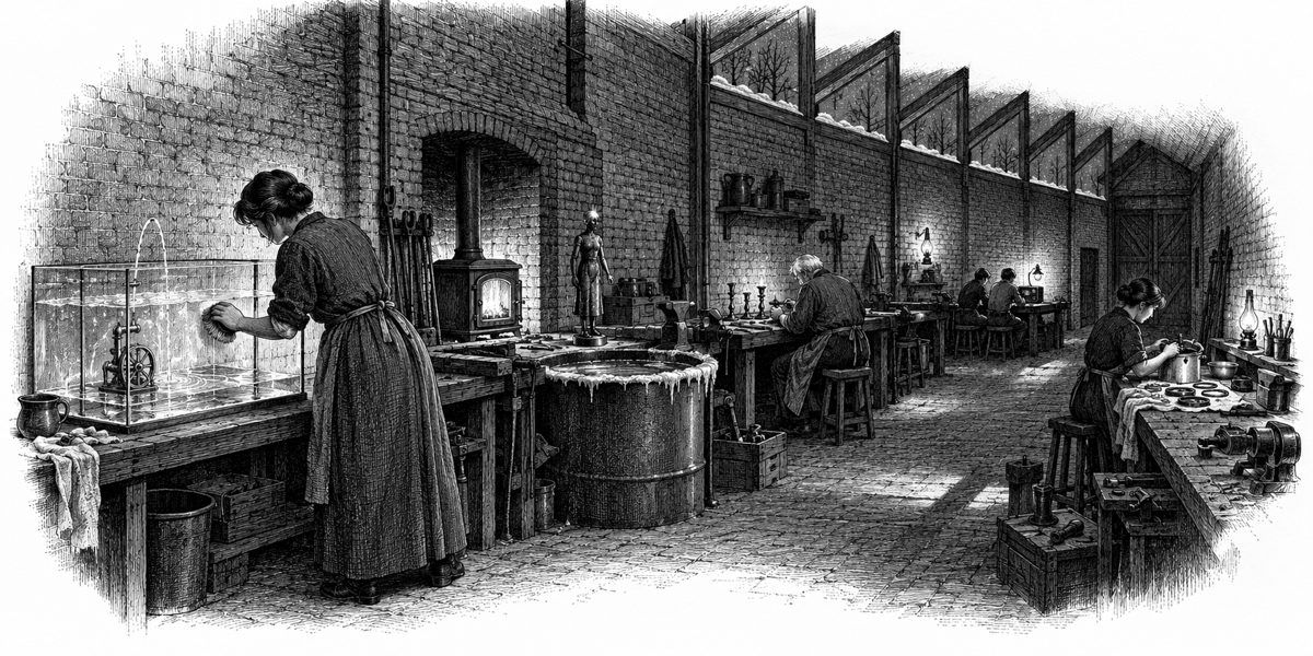 Interior of a long brick workshop hall at night in winter, seen from the corner where a large glass basin of clear water stands on a bench: a small brass clockwork pump stands submerged in it, lifting a thin thread of water that falls back,
