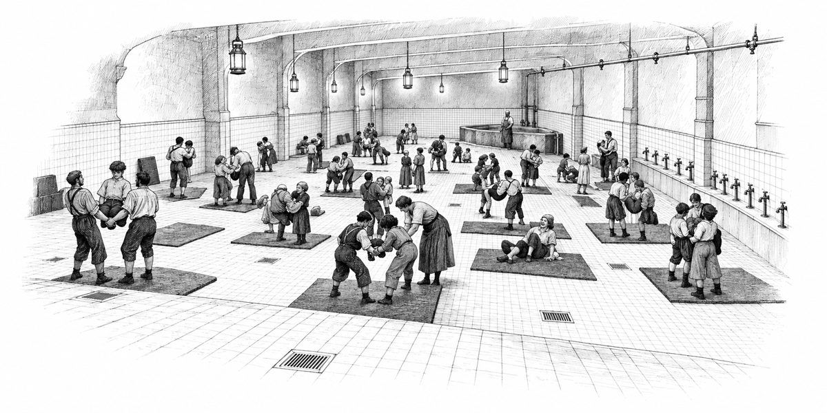 Interior of the sloping white-tiled hall at night, seen from the high shallow end looking down the slope: forty or fifty people in pairs and threes spread over gym mats on the sloped floor, practicing carries, one pair lifting a person in a