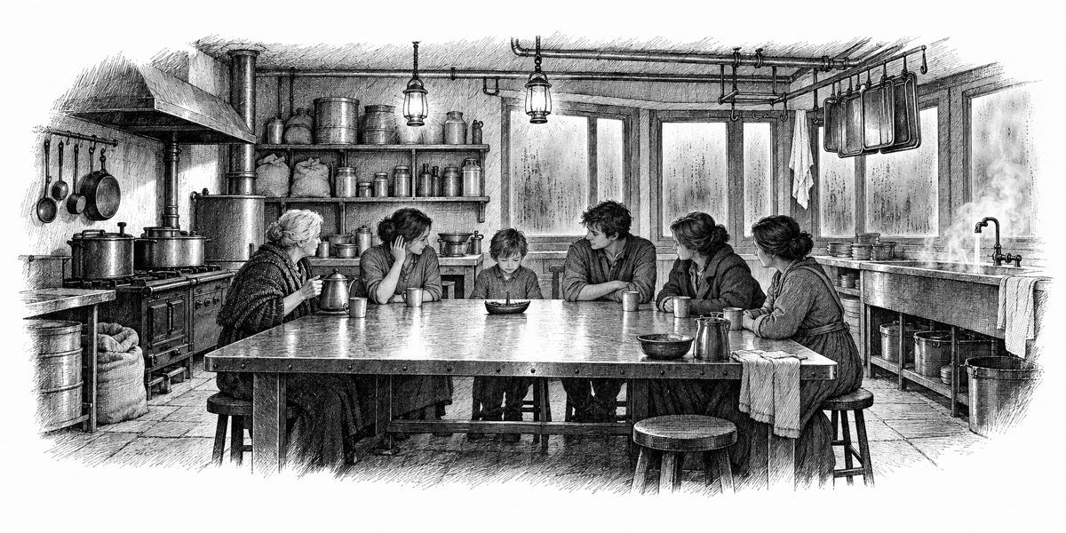 Interior of a warm tower kitchen at night, seen across the big steel table: six people sit around it in lamplight, an old woman holding a teapot, a woman with one hand raised to a small device behind her ear, a young man, a woman in a coat,