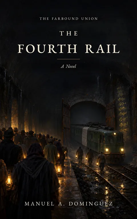 El cuarto riel, de Manuel A. Dominguez, novela de thriller ferroviario distópico, cubierta del libro